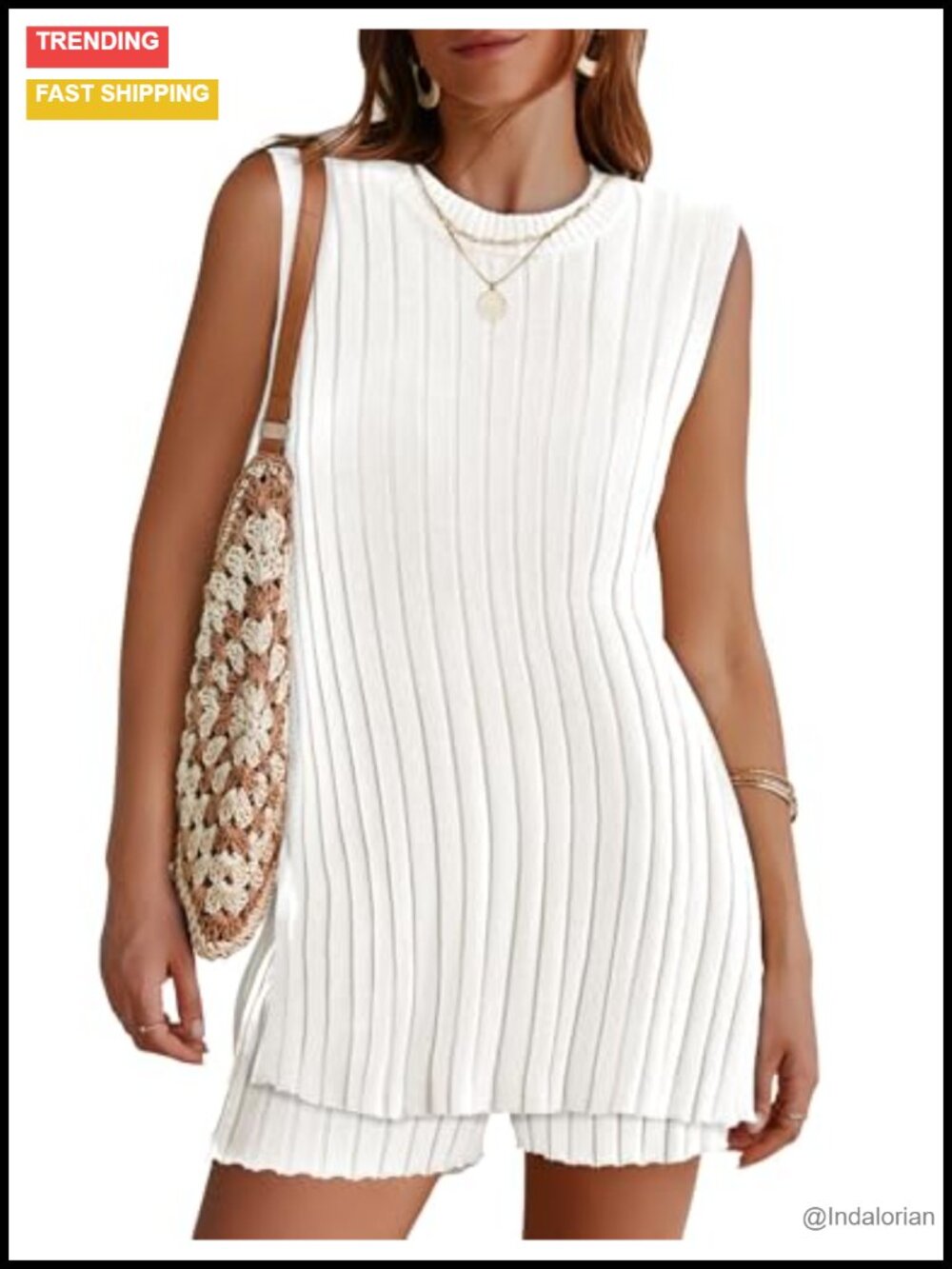 Womens 2 Piece Knit Sweater Set Sleeveless Tunic Top and Shorts Summer Beach